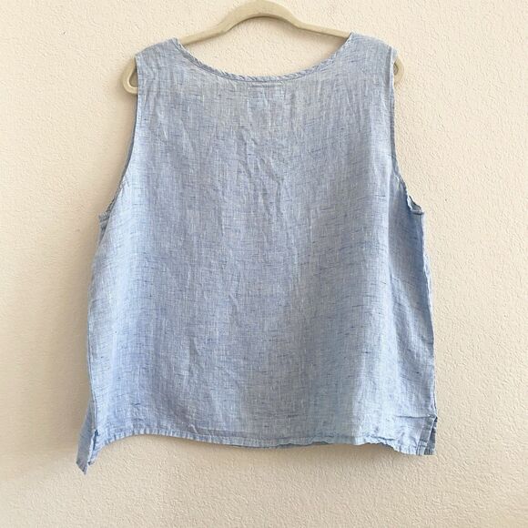 Flax Women Sleeveless Top Blue Pullover Tank 100% Linen Round Neck Large - Picture 6 of 8